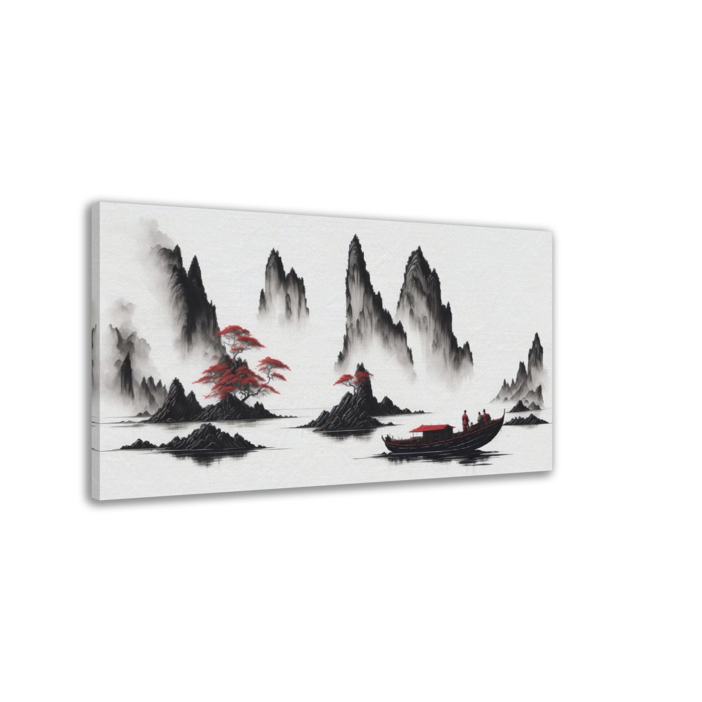 chinesische Landschaft mit Bergen, Boot, Nebel, Malerei, rot-weiss, mystisch