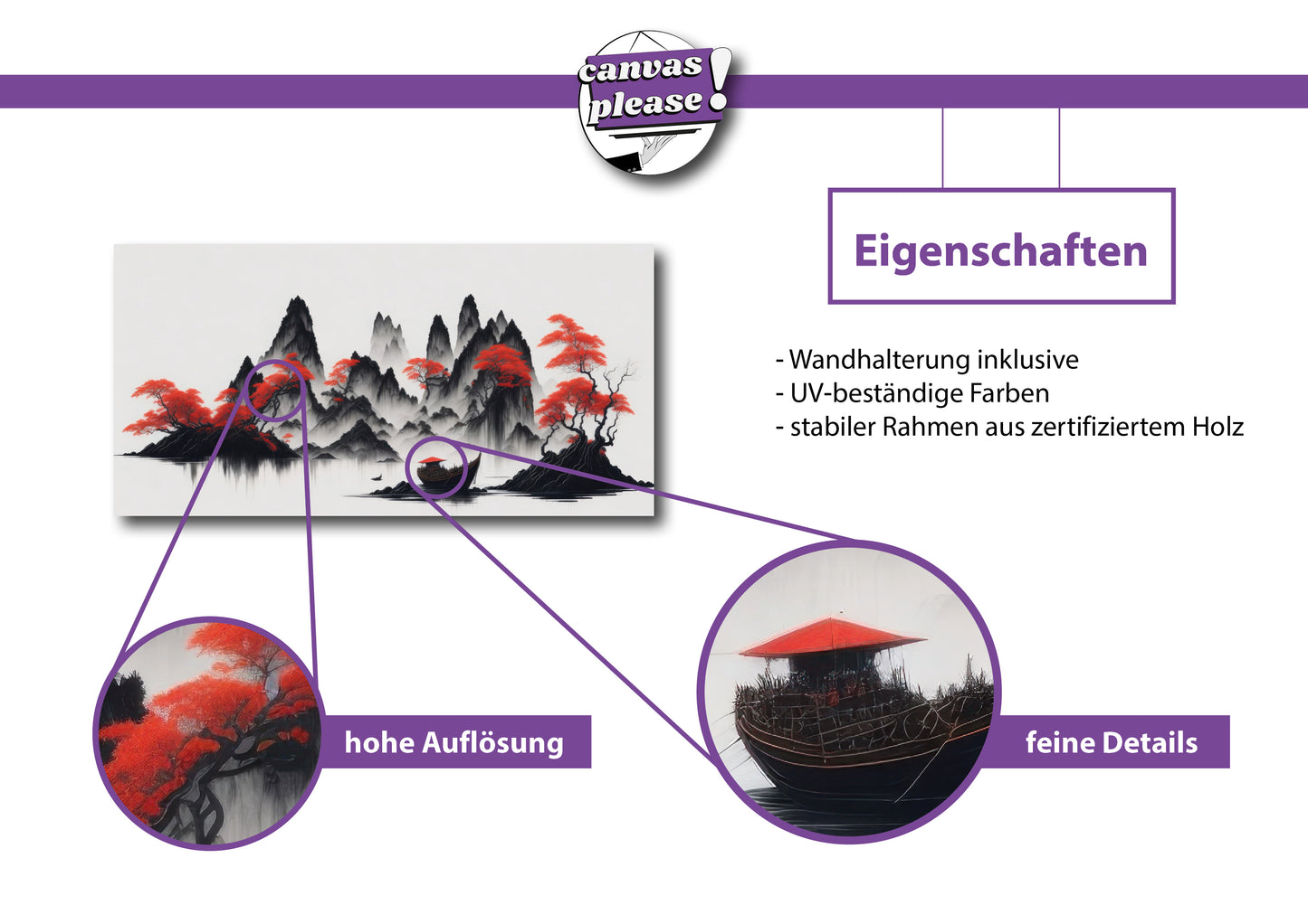 chinesische Landschaftsmalerei, Boot, Nebel, Berge, Bäume, rot-weiss, mystisch