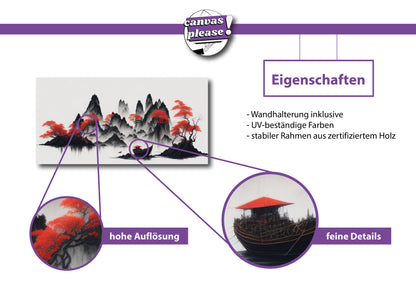 chinesische Landschaftsmalerei, Boot, Nebel, Berge, Bäume, rot-weiss, mystisch