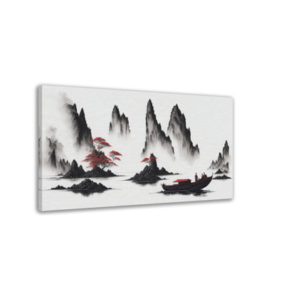 chinesische Landschaft mit Bergen, Boot, Nebel, Malerei, rot-weiss, mystisch