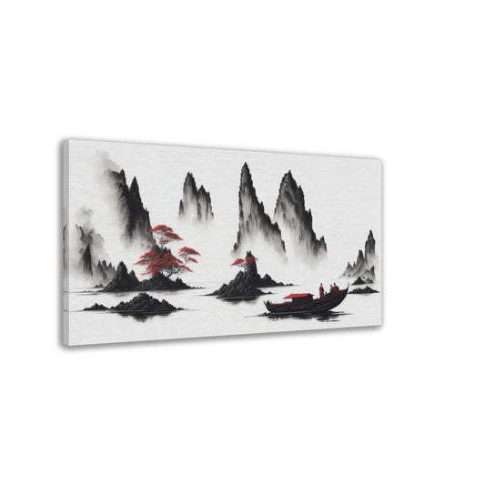 chinesische Landschaft mit Bergen, Boot, Nebel, Malerei, rot-weiss, mystisch