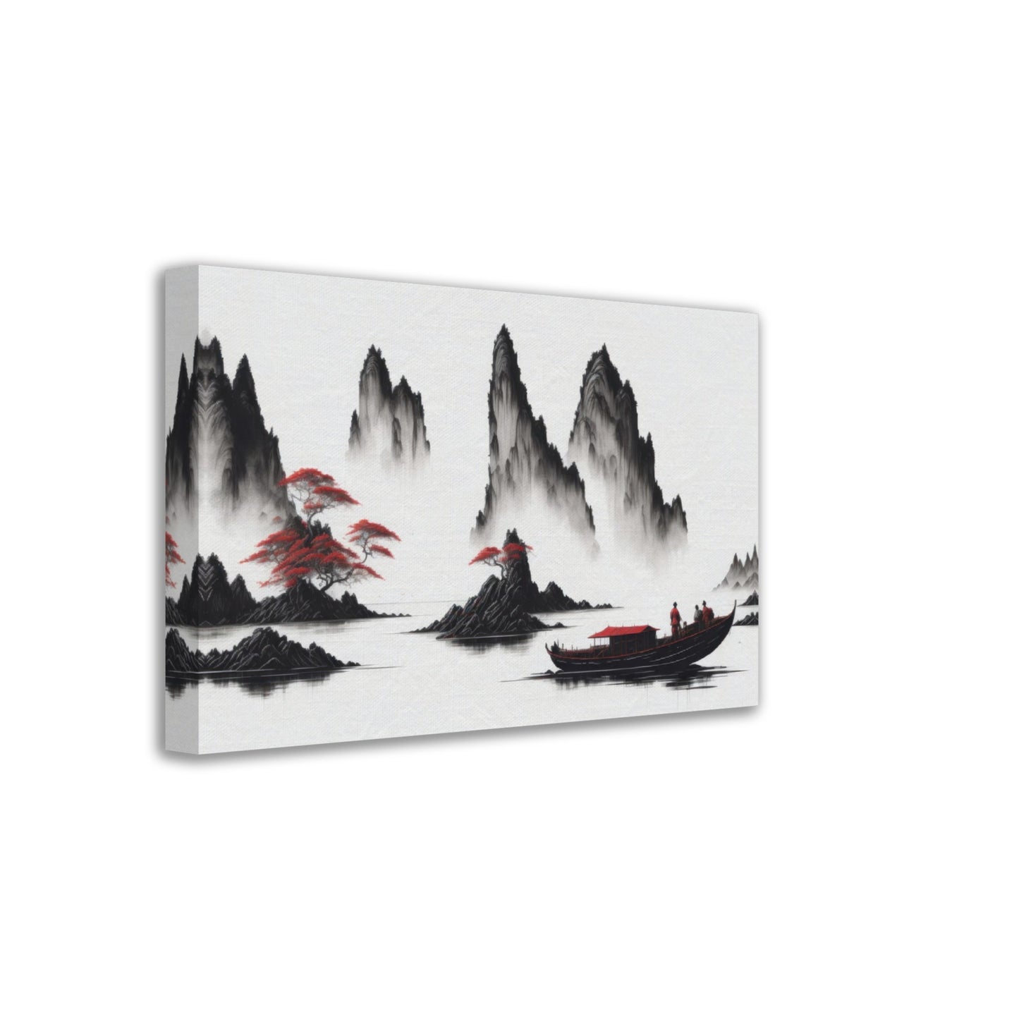 chinesische Landschaft mit Bergen, Boot, Nebel, Malerei, rot-weiss, mystisch