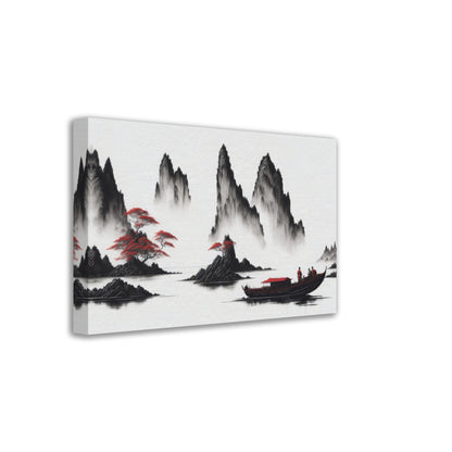 chinesische Landschaft mit Bergen, Boot, Nebel, Malerei, rot-weiss, mystisch