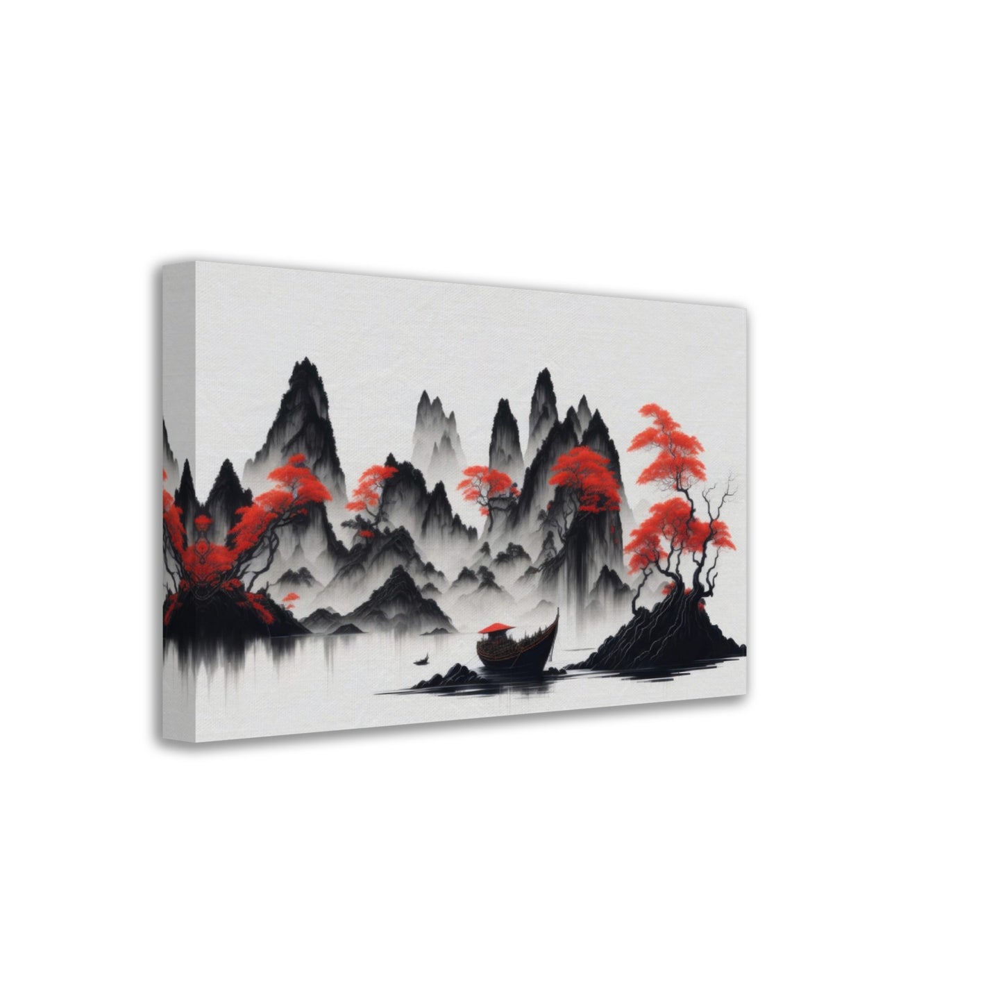 chinesische Landschaftsmalerei, Boot, Nebel, Berge, Bäume, rot-weiss, mystisch