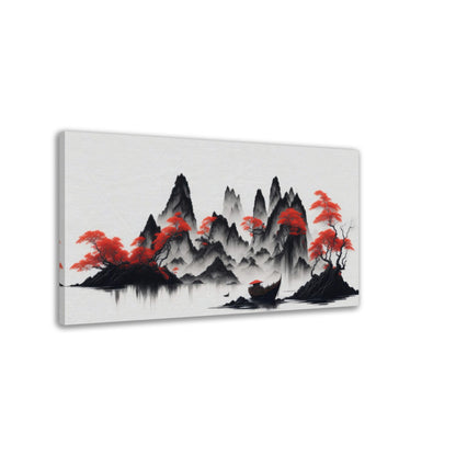 chinesische Landschaftsmalerei, Boot, Nebel, Berge, Bäume, rot-weiss, mystisch