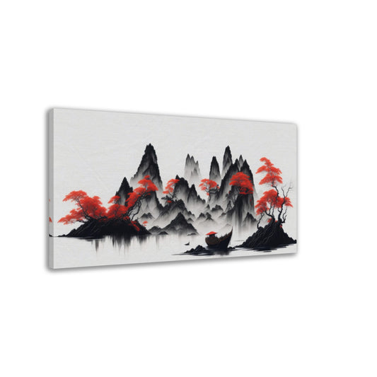 chinesische Landschaftsmalerei, Boot, Nebel, Berge, Bäume, rot-weiss, mystisch